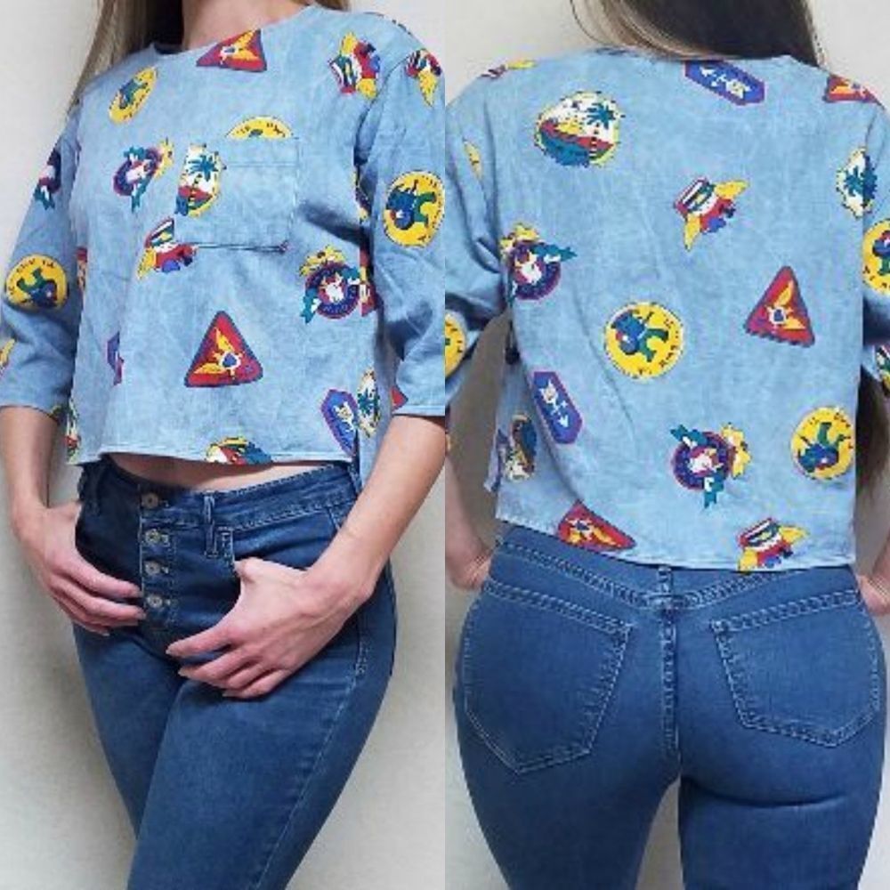 RARE Vintage 80s YOU Babes Multi-print Cropped Tee